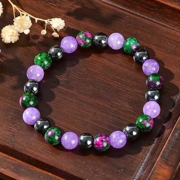 Bracelet en pierre naturelle pour la guérison de la dépression avec pierre vert fleur et mica violet pour femmes et hommes occasions spéciales bien-être émotionnel