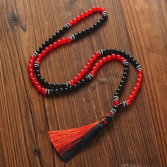 Collier Mala 108 perles pour hommes et femmes, 8 mm, agate rouge, perles d'onyx noir, méditation, yo