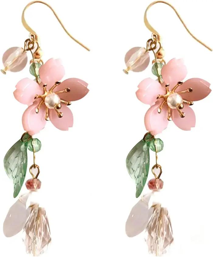 Boucles d'oreilles pendantes en forme de fleur rose pour femmes, feuille de perle, fleur de cerisier