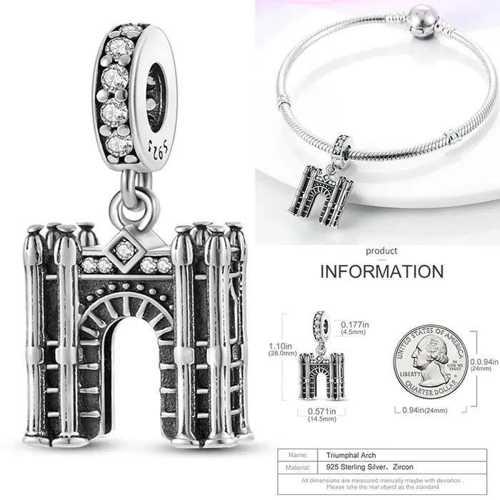 Breloques d'église en argent Sterling 925, arc de triomphe de Paris, tour Eiffel, château, adaptées