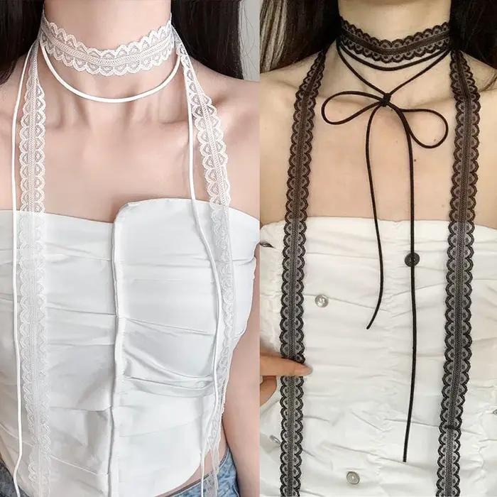 Collier en dentelle noir et blanc double couche style bohème pour femmes et filles