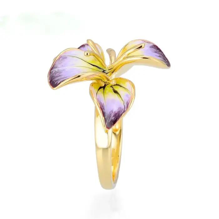 Bague de mariage bohème grande fleur or jaune émail zirconium violet pour femmes grandes occasions partys soirée elegance