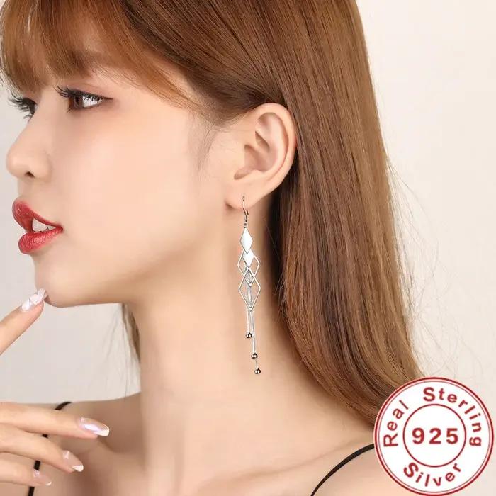 Boucles d'oreilles longues géométriques en argent regardé 925 pour femmes
