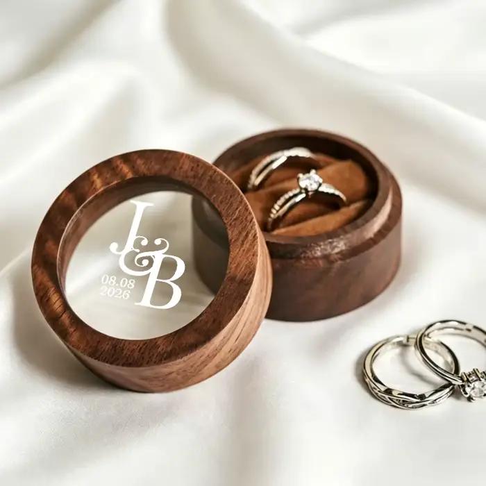 Boîte à alliances personnalisée ronde en bois avec fenêtre en verre pour demande en mariage et cadeaux d'anniversaire de mariage couleurs saphir profond jaune fluo kaki foncé