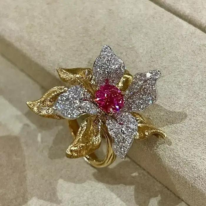 Vintage incrustation Unique luxe rubis frappant fleur anneaux pour les femmes exquis créatif exagéré bague de fiançailles argent 925 bijoux