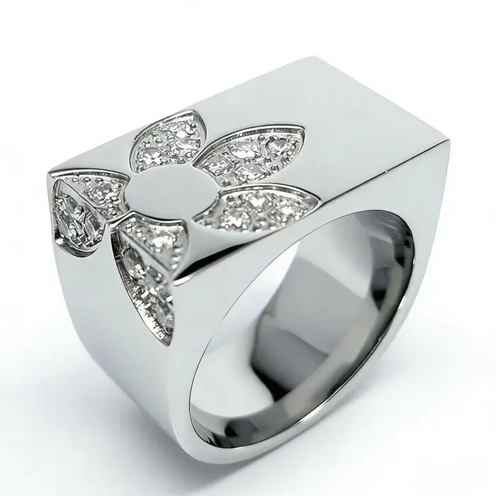 Bague en cuivre de style géométrique moderne avec incrustation florale de pierres précieuses artificielles