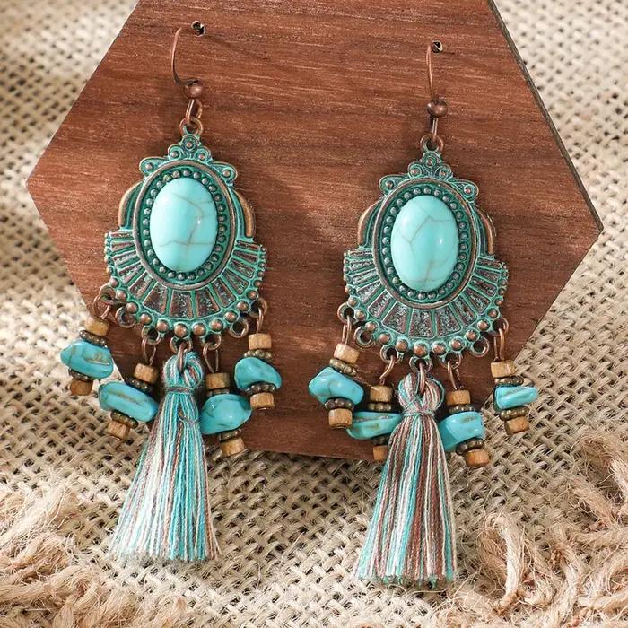 Boucles d'oreilles bohèmes vertes, vintage et géométriques, faites à la main, avec pompon en coton pour femmes, pour mariage, engagement, anniversaire et tous les jours
