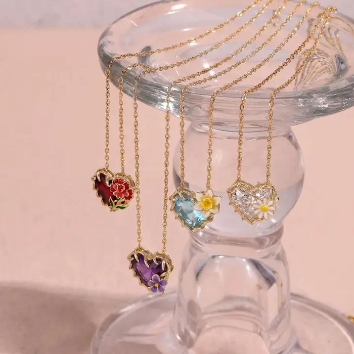 Collier Fleur du Mois Pendentif Cœur Pierre de Naissance Accessoire Bijoux Femme Occasions Spéciales