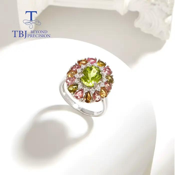 Bague en argent regardé 925 avec péridot et tourmaline pour femme, véritable pierre précieuse coloré