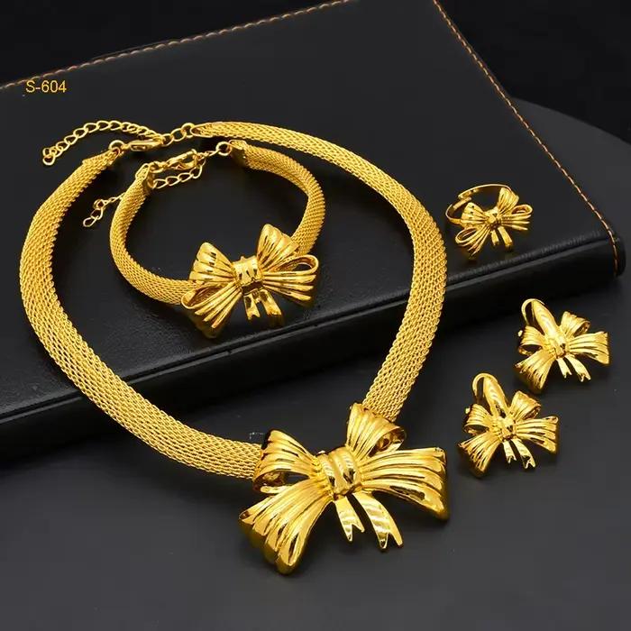 Ensemble de bijoux plaqués or pour femmes, style arabe, Dubaï, Inde, Afrique, collier et boucles d'oreilles nœud papillon, cadeau de mariage ou de fête