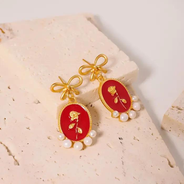 GLSEEVO-Boucles d'oreilles en plaqué or 18 carats pour femmes, gros clous, fleur rouge et or, vente