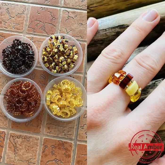 Bague en ambre avec fil élastique réglable pour femme
