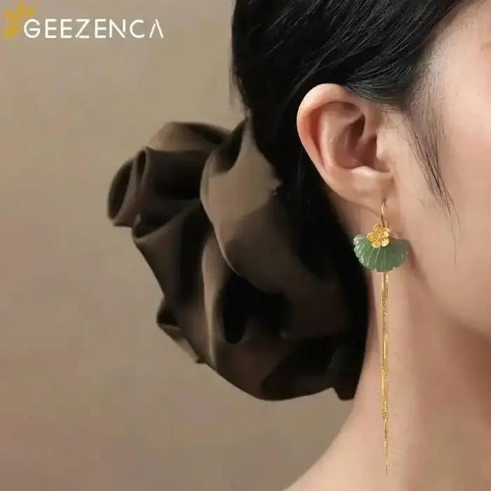 GEEZENCA Aventurine feuille de Ginkgo 925 argent fleur longue gland balancent boucles d'oreilles femmes délicat à la mode déclaration boucle d'oreille cadeau