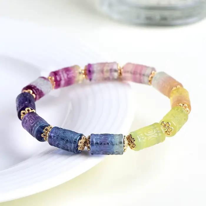 Bracelet en Perles de Fluorite Arc-en-Ciel Naturelle Pour Homme Femme Occasions Spéciales Harmonie Couleurs Pastel Paix Intérieure Élégance Pure
