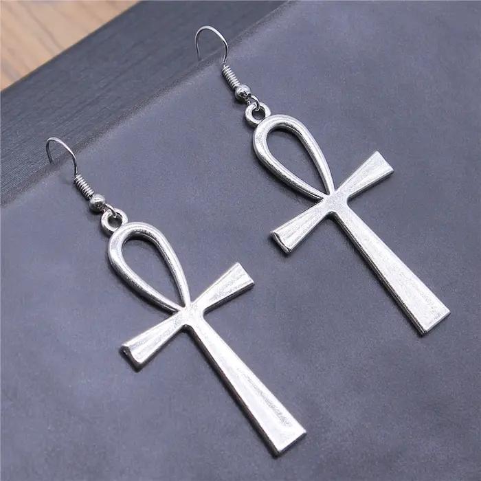 Vintage 2 couleurs 52x28mm Ankh croix breloques boucles d'oreilles mode à la main femmes boucle d'oreille