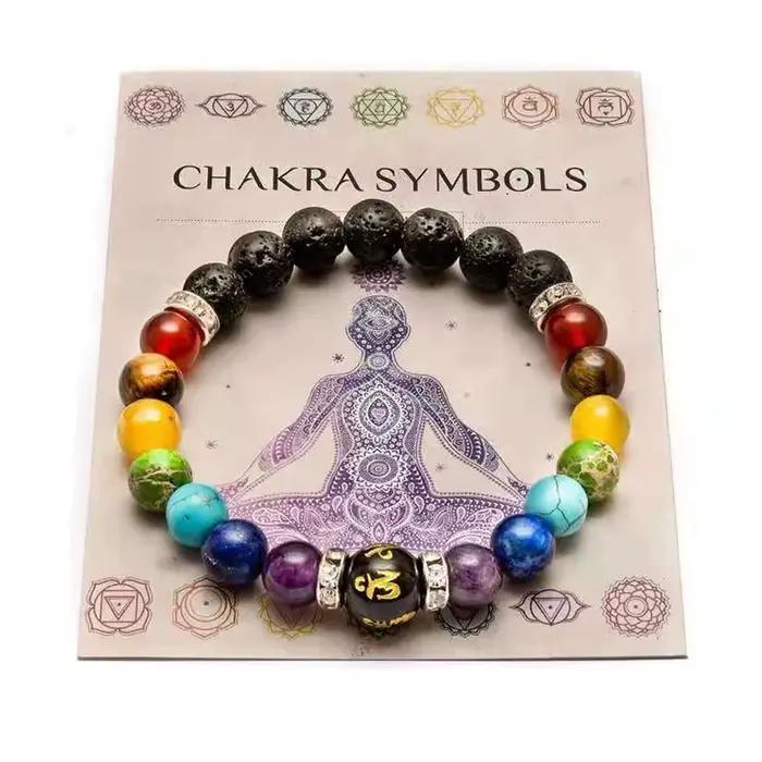 Bracelet 7 chakras avec carte de signification pour hommes et femmes, cristal naturel, guérison, anx