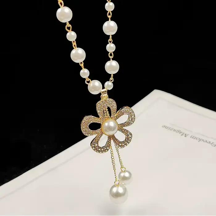 Vintage dame longue collier De perles pour les femmes élégant mode cristal fleur fête bijoux Collares De Moda