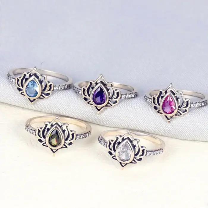 YILUOCD 925 Thai argent anneaux réglables pour les femmes fleur de Lotus coloré Zircon anneau Boho femme bijoux fins cadeau