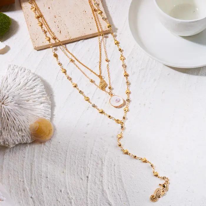 Collier Coquillage Hippocampe Superposé 3 Couches pour Femme – Élégant