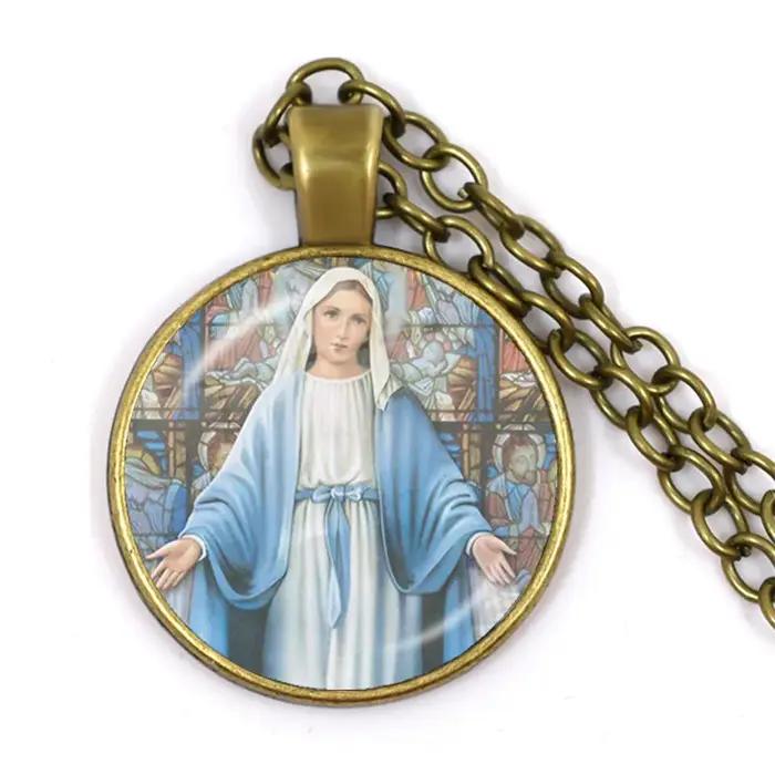 Vierge Marie et bébé jésus catholicisme chrétien bijoux collier béni mère Art religieux verre Cabochon dôme pendentif cadeau
