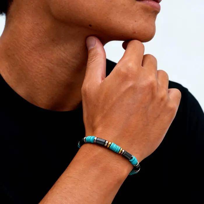 Bracelet rétro en perles de pierre bleue naturelle pour hommes