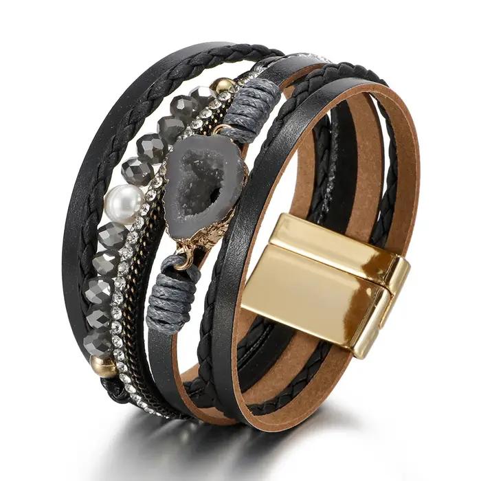 Bracelet en cuir de gravier perles d'eau douce naturellement perlées cristal pour femmes élégant cadeau pour occasions spéciales