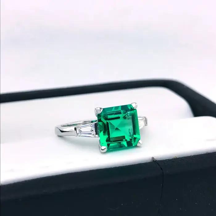 Bagues en émeraude de laboratoire créées, bijoux en pierres précieuses de Zambie pour femmes, couleur argent 925, vente en gros, cadeau de fête et de mariage