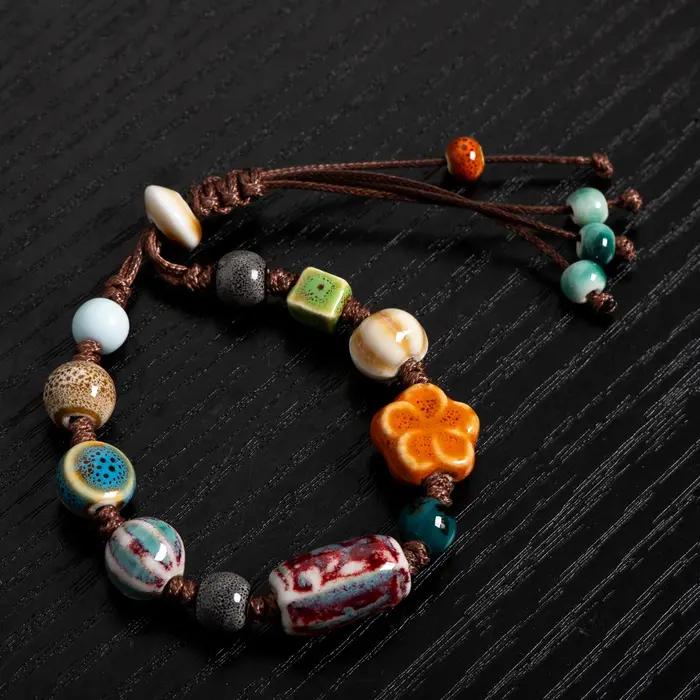 Bracelet de perles en céramique fait à la main réglable Boho tissé bijoux Vintage Style ethnique cadeau pour femmes accessoires mode et artisanat occasions spéciales