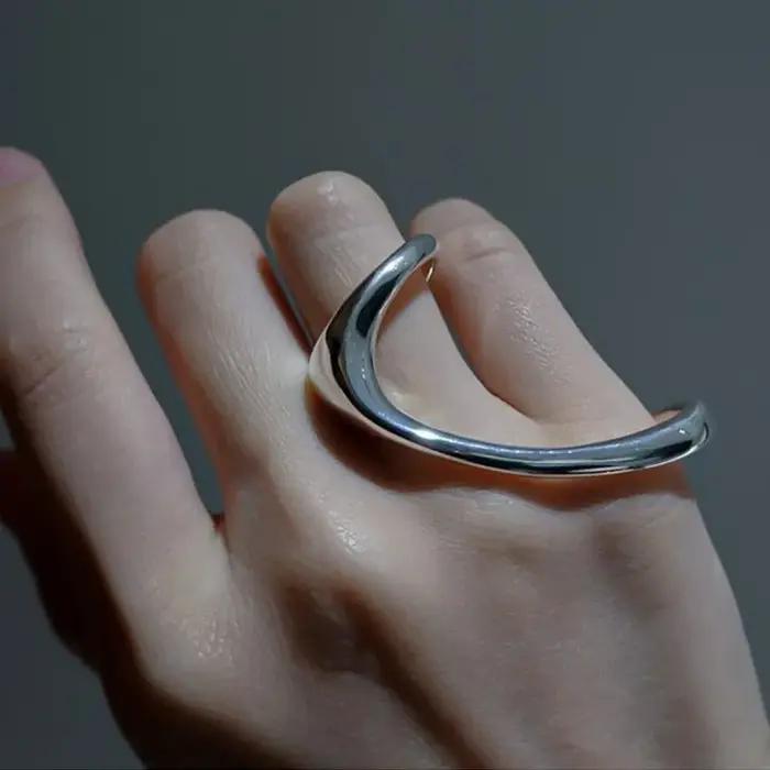 Bague ouverte en argent 925 poli, 2 doigts, 1 taille, Punk géométrique pour femmes et filles, bijoux cadeau, livraison directe, vente en gros, nouvelle mode