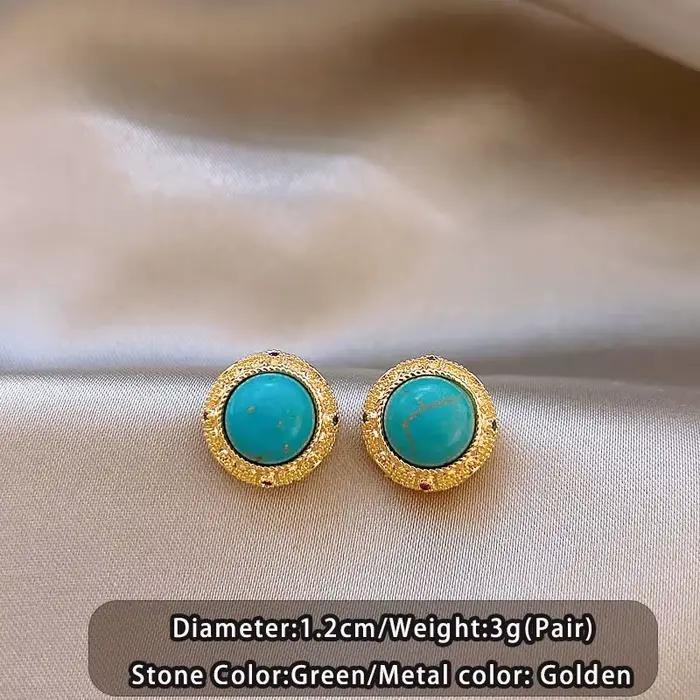 Boucles d'oreilles rondes rétro Turquoise 2025, bijoux avec bordure couleur or, accessoires inhabitu