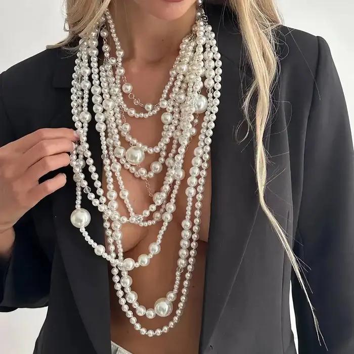 Collier de perles d'imitation multicouche pour femmes