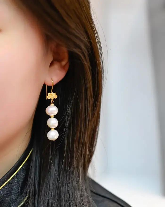 925 argent brillant eau douce Tri perles blanches crochet d'oreille élégant Akoya rose perle balancent boucles d'oreilles intemporelles bijoux cadeaux