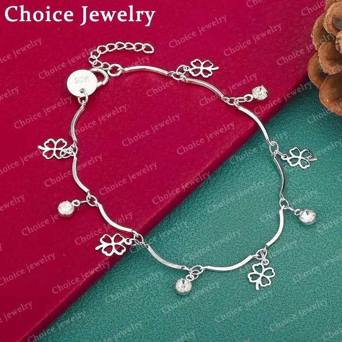 Bracelet en argent Sterling 925 avec chaîne trèfle à quatre feuilles en Zircon pour femmes, bijoux à