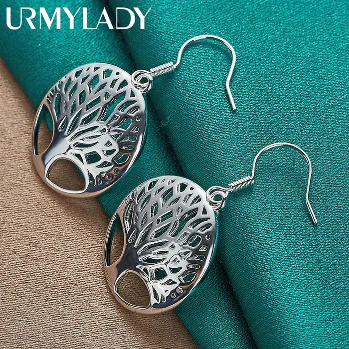 URMYLADY 925 en argent Sterling rond arbre de vie boucles d'oreilles crochet d'oreille Eardrop pour les femmes mode mariage fiançailles charme bijoux