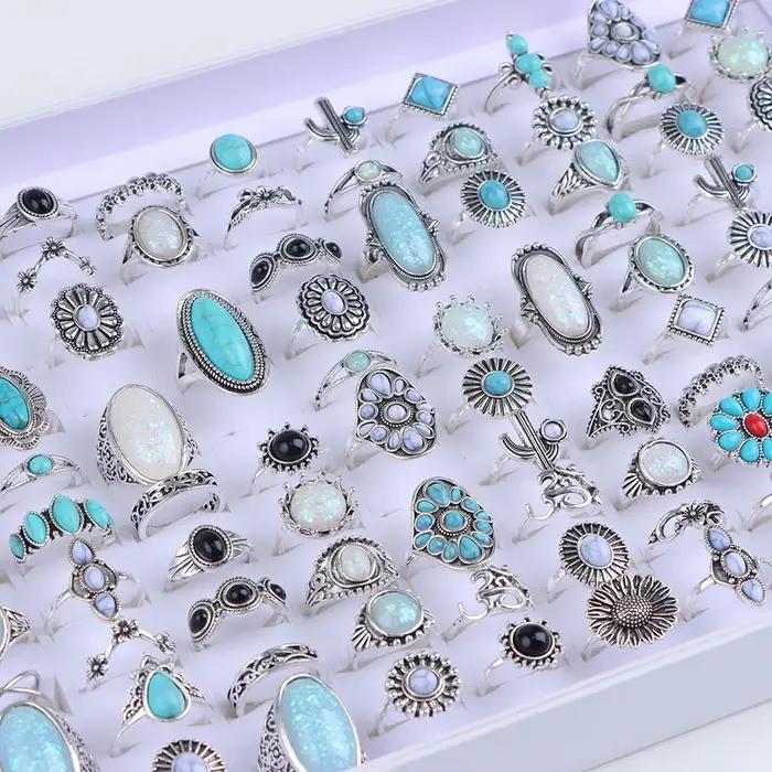 Bagues Vintage Boho en verre Turquoise pour femmes