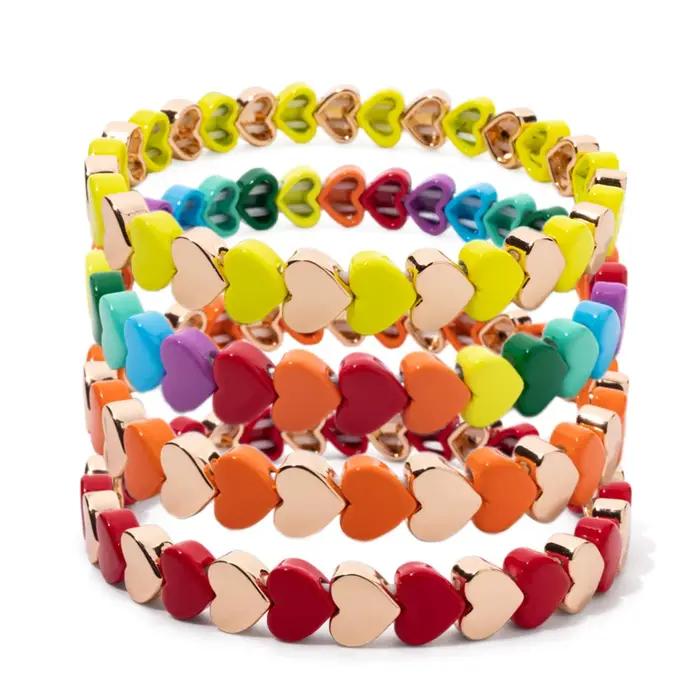 Bracelet élastique perlé en émail coloré 2025 pour femme, motif cœur bohème