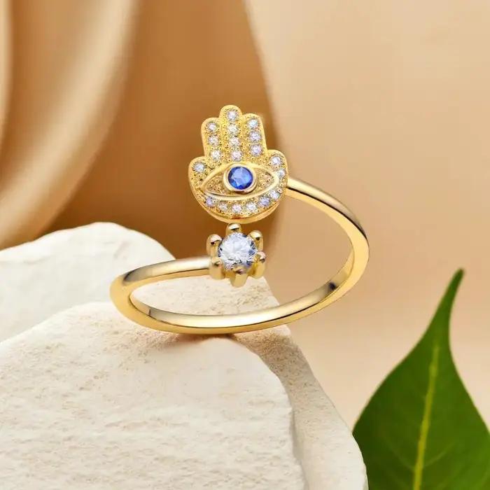 YILUOCD Hamsa main réglable anneaux turc CZ mauvais œil anneau pour les femmes