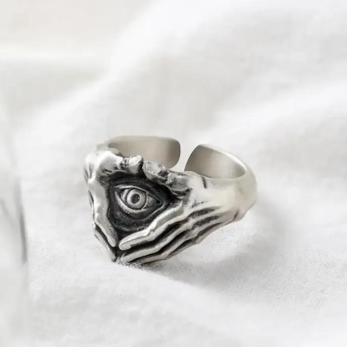 Bague ouverte gothique rétro pour hommes et femmes, motif œil et mains, accessoires de bijoux, cadea
