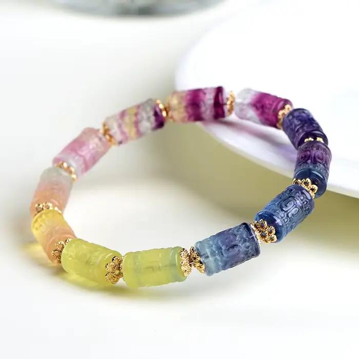 Bracelet en Perles de Fluorite Arc-en-Ciel Naturelle Pour Homme Femme Occasions Spéciales Harmonie Couleurs Pastel Paix Intérieure Élégance Pure