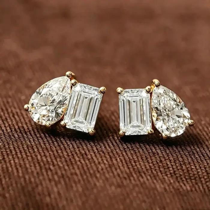FEOBUR Boucles d'oreilles clous en moissanite à deux pierres 4 carats en argent sterling 925
