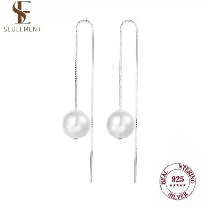 Seulement 925 en argent Sterling boucles d'oreilles élégantes pour les femmes enfileur perle boucle d'oreille balancent oreille ligne longue chaîne bijoux de mode