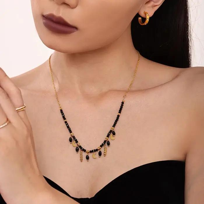 Collier chic en acier inoxydable noir avec cristaux pour femme