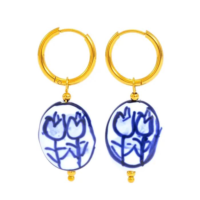 Boucles d'oreilles en porcelaine bleue chinoise pour femme - Pendentif en céramique sur cerceaux en