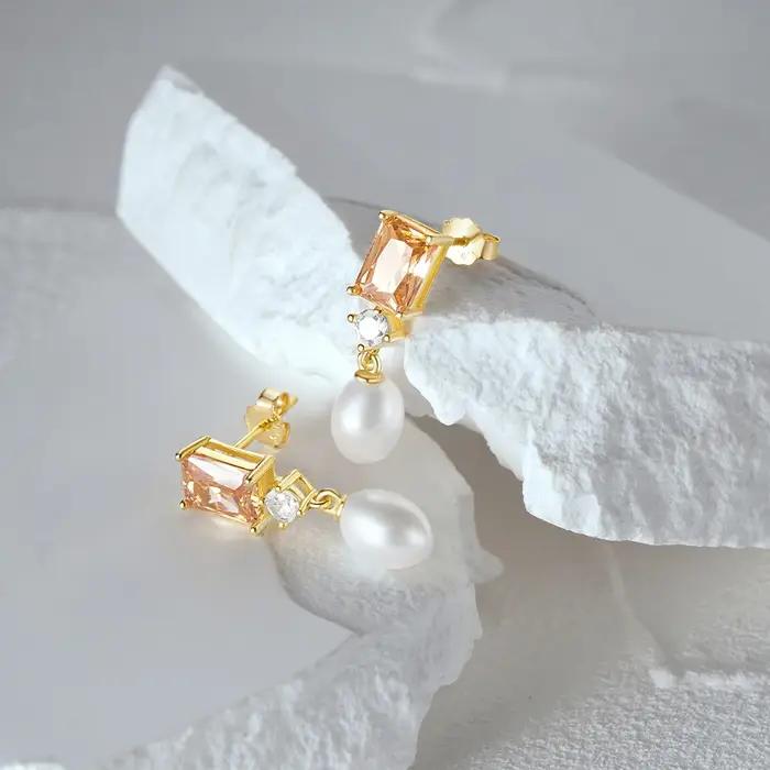 Boucles d'oreilles pendantes en argent regardé 925 avec perle de cristal pour femme