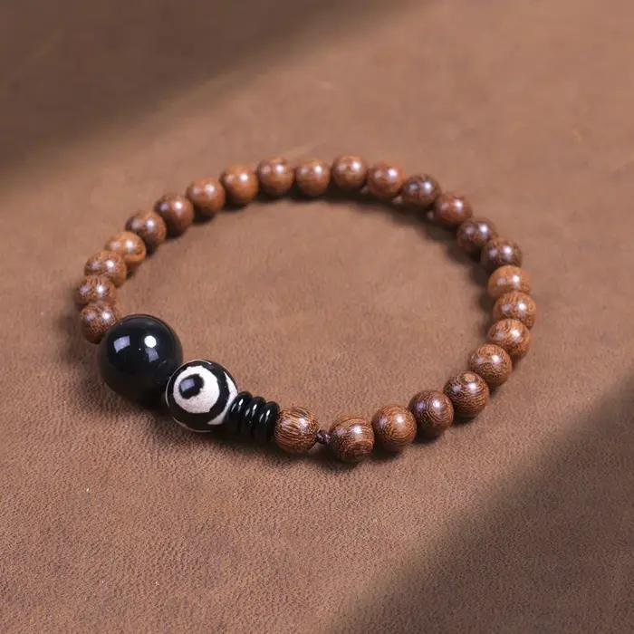 Bracelet en bois de santal en soie dorée, bricolage, Style rétro, perle Dzi pour hommes et femmes, S