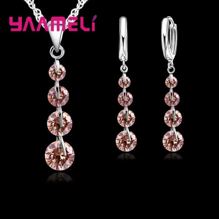 Ensembles de bijoux exquis en argent regardé 925 pour patients, style long, cristal autrichien, colliers et boucles d'oreilles, accessoire de mariage