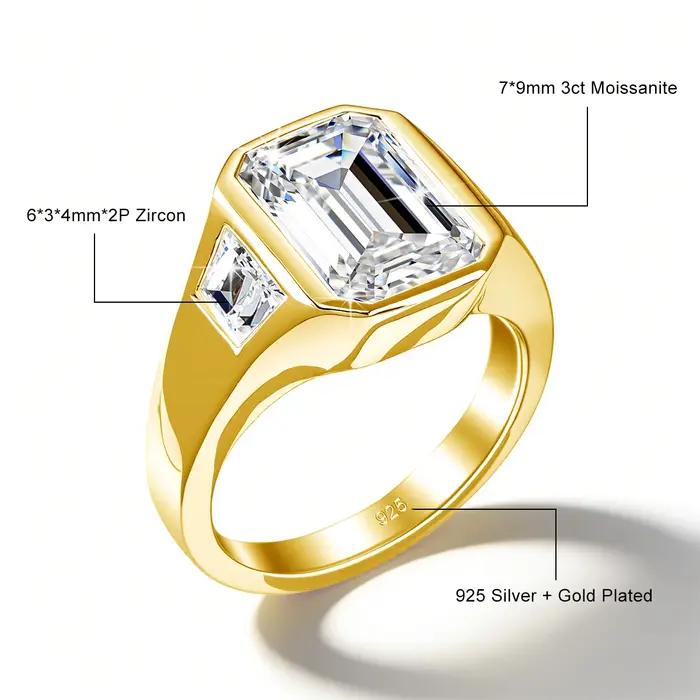Bague signet en moissanite taille émeraude 7*9mm 3ct couleur D VVS1 en or rempli 14K Au585 pour homme et femme