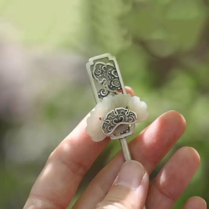 Bijoux de cheveux en jade blanc naturel incrusté d'argent 925, Hetian, style ethnique vintage classique, accessoire hanfu, motif de nuage de cieux