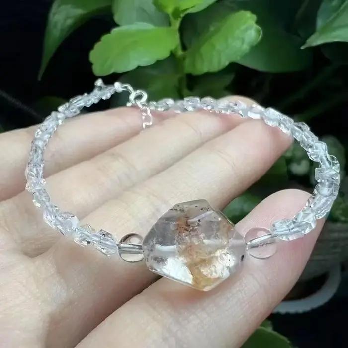 Bracelet 925 Argent Serti de Pierres de Herkimer Diamant Cristal et Quartz Hématoïde Noir Bijou Unisexe Occasions Spéciales