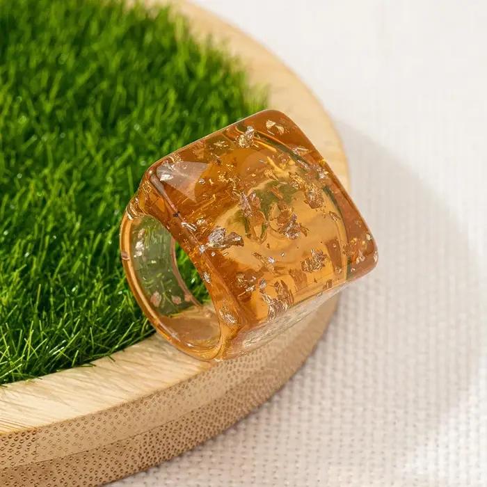 Bague en résine transparente multicolore à surface irrégulière, carrée, pour femmes et jeunes filles